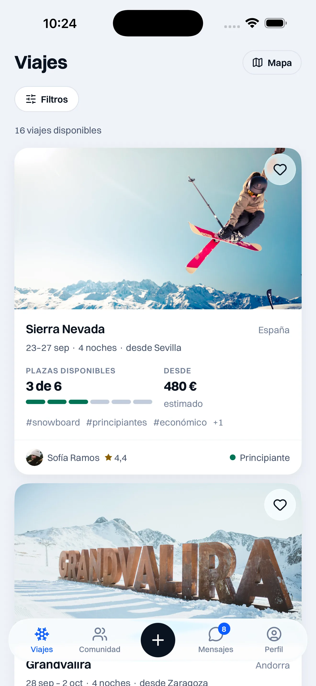 Captura de la app de SkiM8’s: Mira cuántas plazas quedan