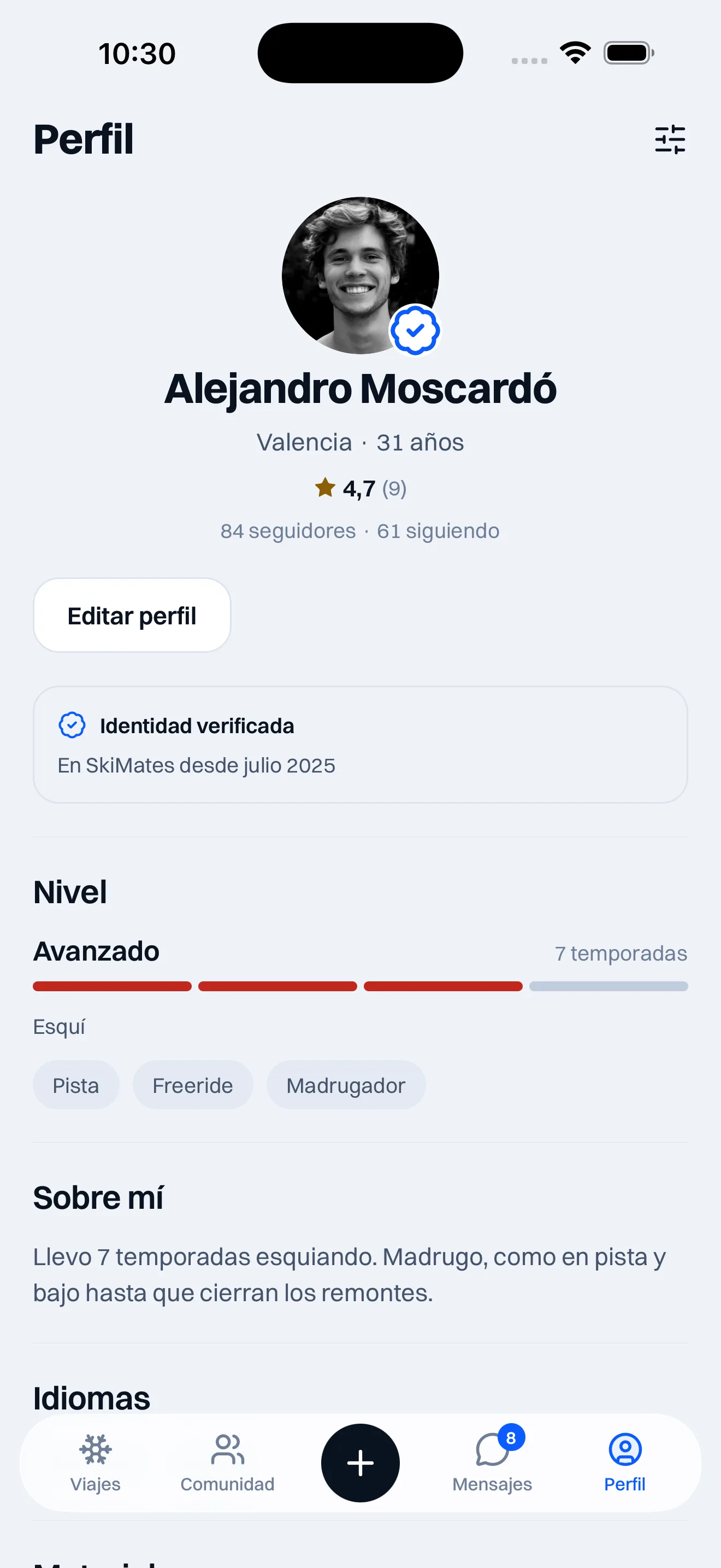 Captura de la app de SkiM8’s: Sabes con quién vas